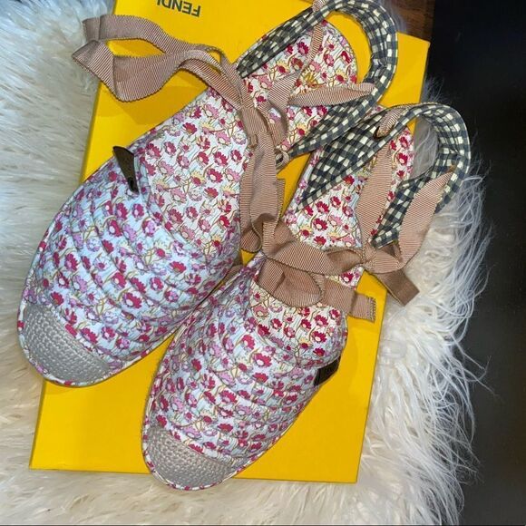 Fendi Quilted floral & gingham canvas espadrilles flats shoes - Picture 4 of 7
